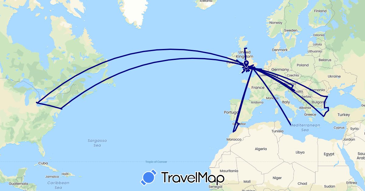 TravelMap itinerary: driving in Austria, Belgium, Bulgaria, Spain, United Kingdom, Gibraltar, Croatia, Ireland, Morocco, Malta, Romania, Slovenia, Turkey, United States (Africa, Asia, Europe, North America)